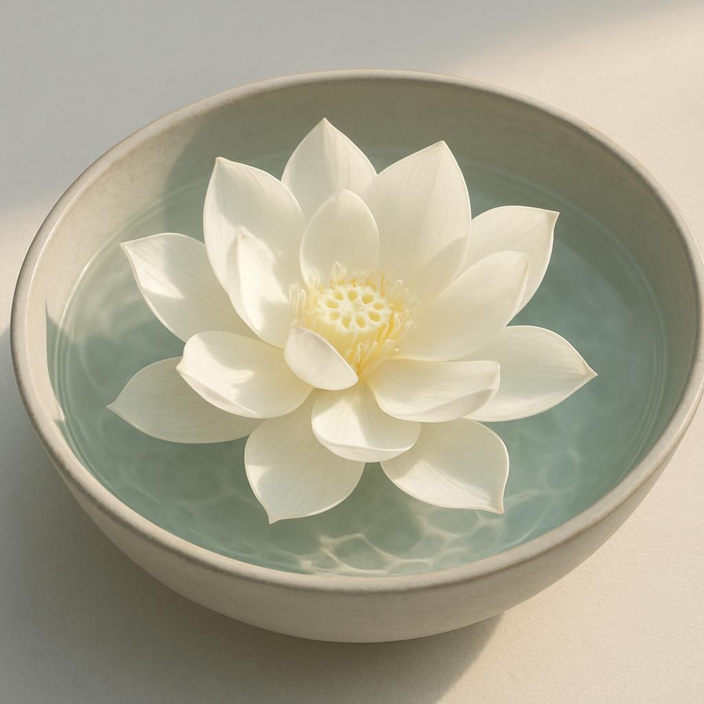 alt text: "Simpatico ramo di lotus bianco in una graziosa tazza, incorniciato da delicate sfumature azzurro-verdi e riempi...