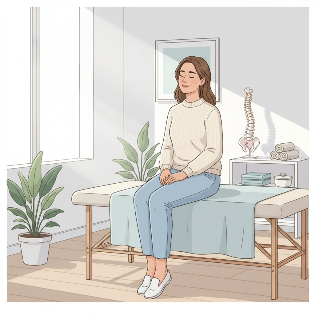 Illustrazione delicata e rassicurante che rappresenta una donna adulta in abiti quotidiani, con postura rilassata e atteggiamento sereno, in un ambiente luminoso e pulito di studio medico o fisioterapico. Stile professionale, colori chiari e morbidi, senza dettagli imbarazzanti o espliciti, adatta a sito di osteopata e fisioterapista.
