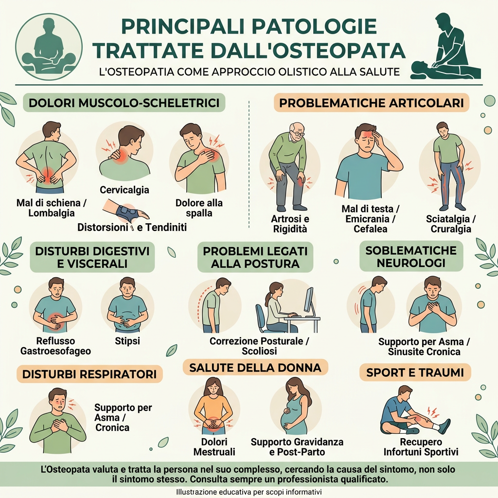 PRINCIPALI PATOLOGIE TRATTATE DALL’OSTEOPATA; L’OSTEOPATIA COME APPROCCIO OLISTICO ALLA SALUTE. Dolori muscolo-scheletrici: mal di schiena o lombalgia, cervicalgia, dolore alla spalla, distorsioni e tendiniti. Problematiche articolari: artrosi e rigidità, mal di testa o emicrania o cefalea, sciatalgia o cruralgia. Disturbi digestivi e viscerali: reflusso gastroesofageo, stipsi. Problemi legati alla postura: correzione posturale o scoliosi. Problematiche neurologiche: supporto per asma o sinusite cronica. Disturbi respiratori: supporto per asma o cronica. Salute della donna: dolori mestruali, supporto gravidanza e post-parto. Sport e traumi: recupero infortuni sportivi. L’osteopata valuta e tratta la persona nel suo complesso, cercando la causa del sintomo, non solo il sintomo stesso. Consulta sempre un professionista qualificato. Illustrazione educativa per scopi informativi.
