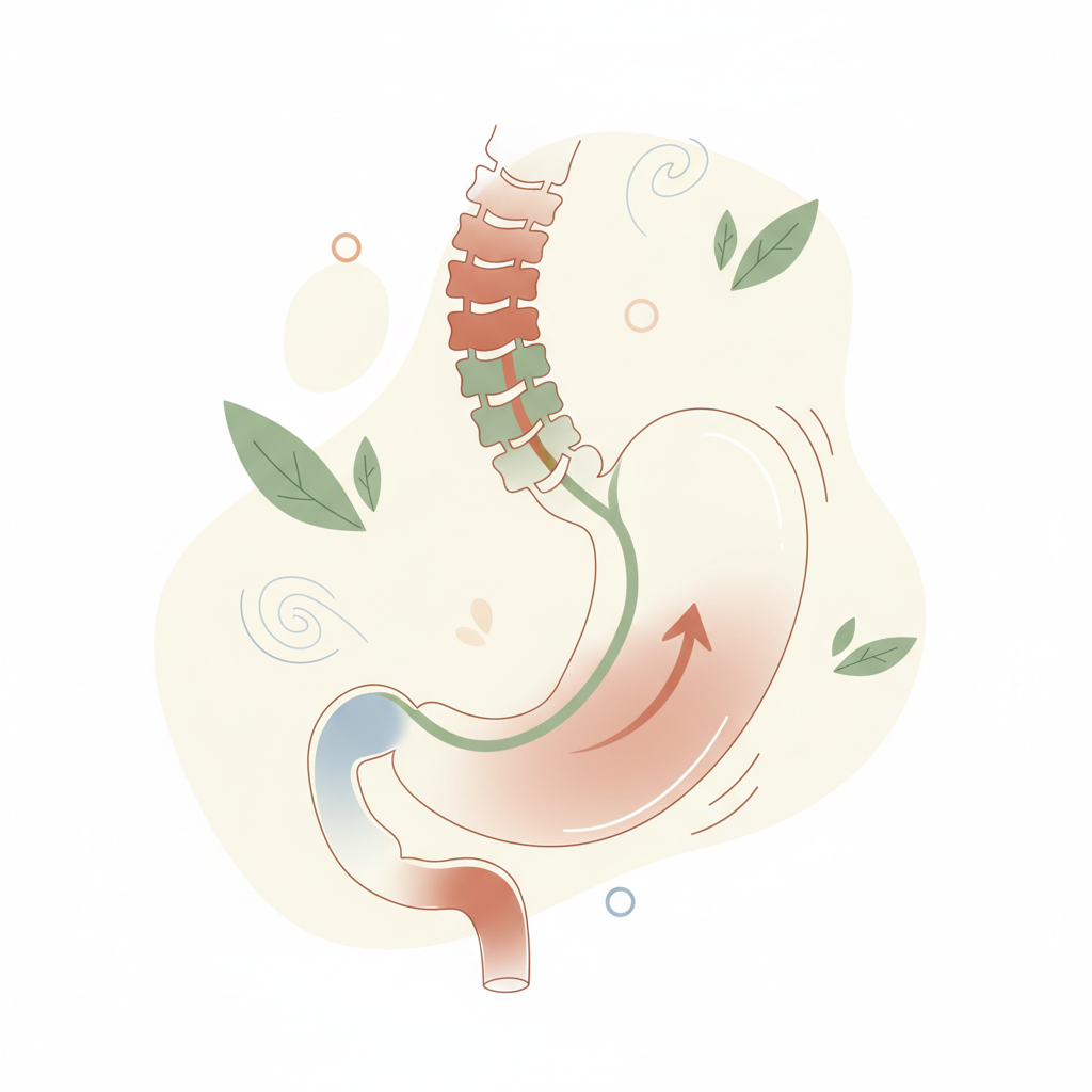 Illustrazione editoriale luminosa e rassicurante per una pagina professionale di osteopatia sul reflusso gastroesofageo: anatomia stilizzata e delicata dell'apparato digerente superiore, esofago e stomaco rappresentati in modo chiaro ma non realistico né inquietante, palette chiara con toni crema, terracotta tenue, verde salvia e blu polvere, sfondo chiaro, composizione minimale, elegante e ariosa, senza testo, senza nero dominante, adatta a uno studio di osteopatia e fisioterapia.